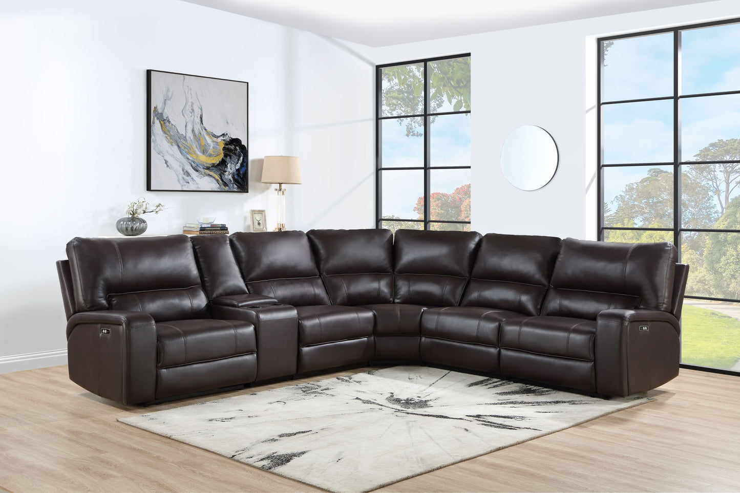 Saul Espresso Faux Leather Power Recliner Sectional Sofa w/ USB Port & Cupholder Console