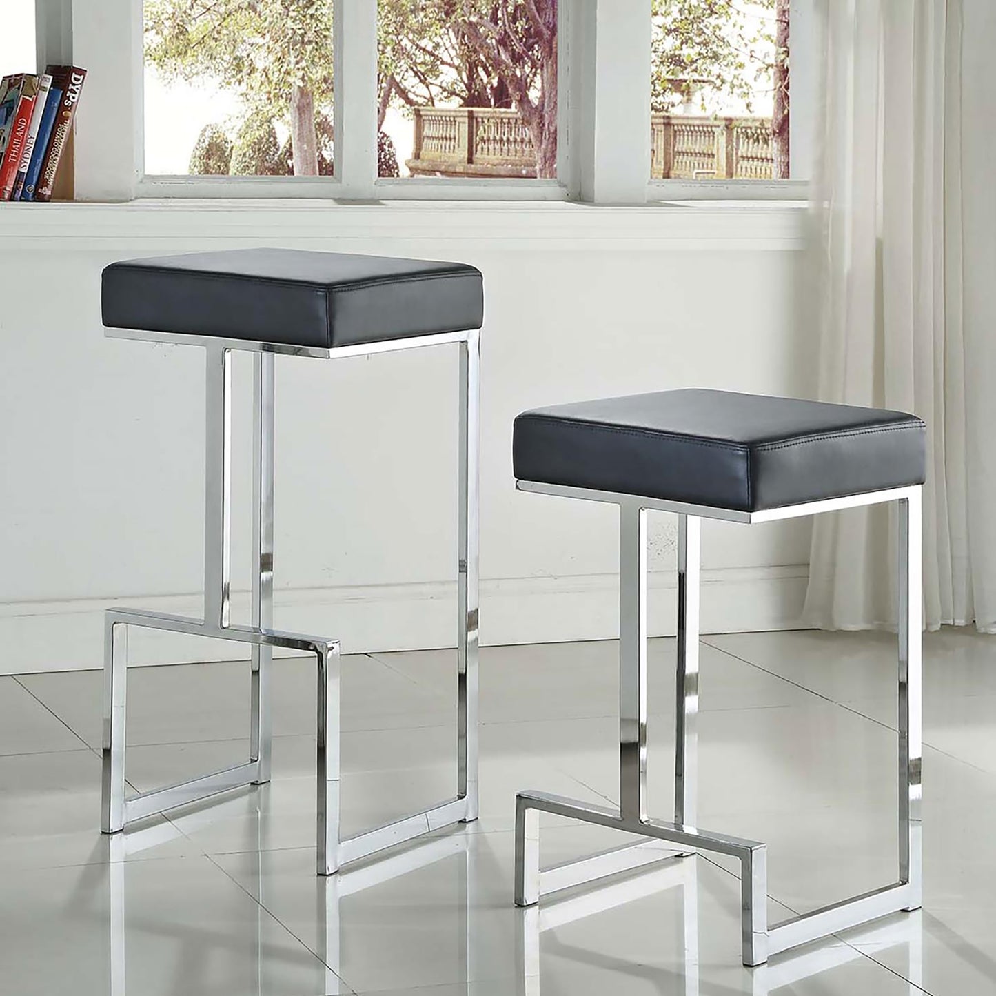 Black and Chrome Upholstered Counter Height Stool