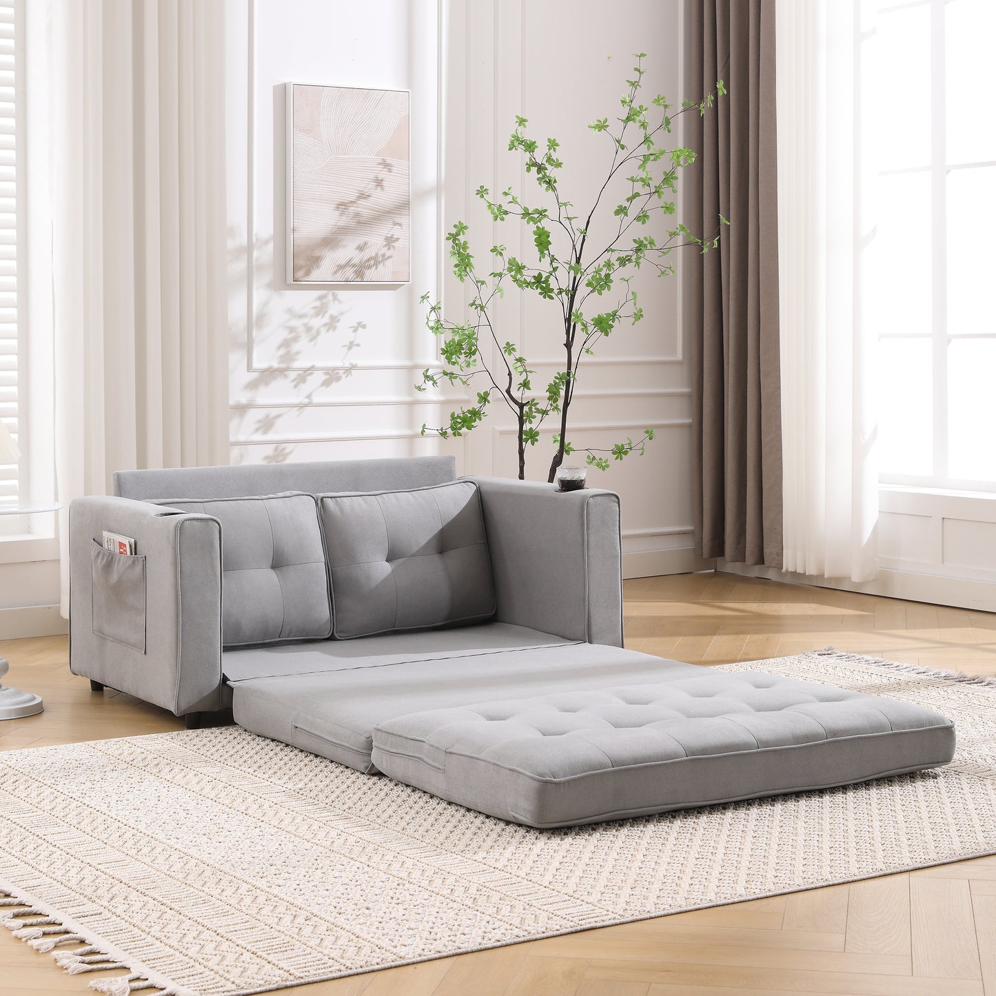 3-in-1 Upholstered Futon Sofa Convertible Sofa bed,Foldable Tufted Loveseat with Pull Out Sleeper Couch Bed,Folding Mattres Love Seat Daybed W/Side Pockets and Cup Holder, Light Gray