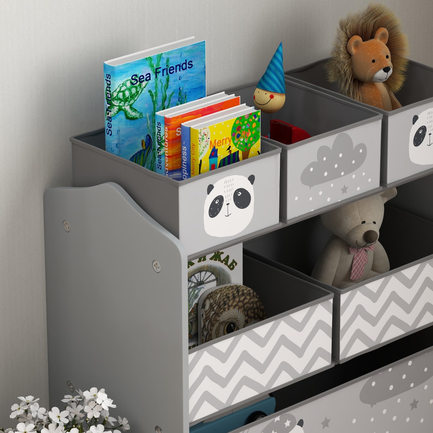 Qaba Toy Organizer with 6 Storage Bins, Kids Storage Unit for Bedroom, Kids Room, 25" x 12" x 26", Gray