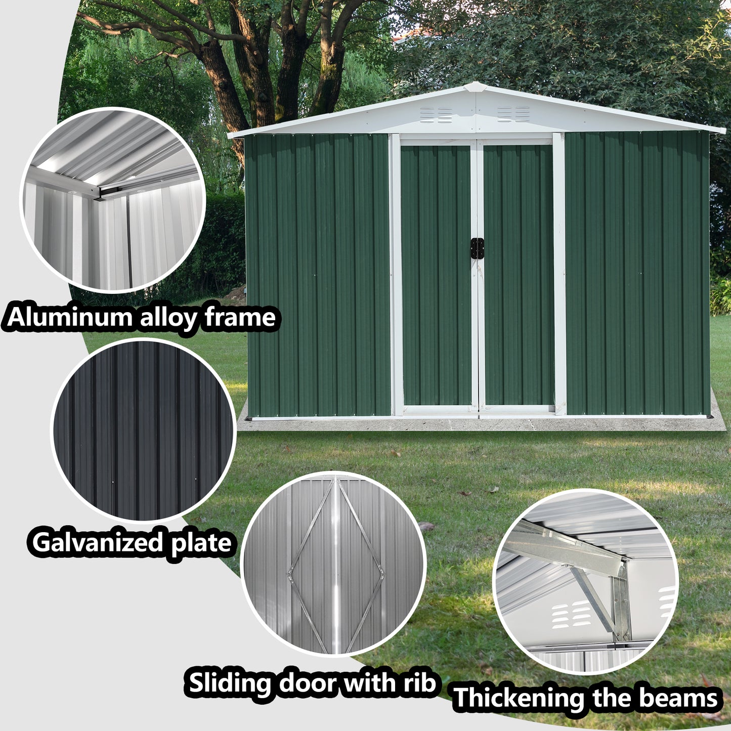 8x6 Feet Outdoor Storage Garden Shed Apex Roof Green With Aluminum alloy frame and sliding door