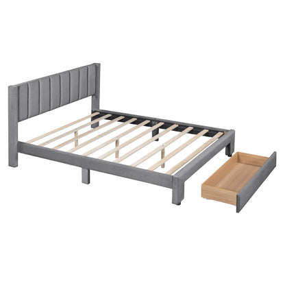 Queen Size Storage Bed Velvet Upholstered Platform Bed with a Big Drawer - Gray(old sku:WF296854AAE)