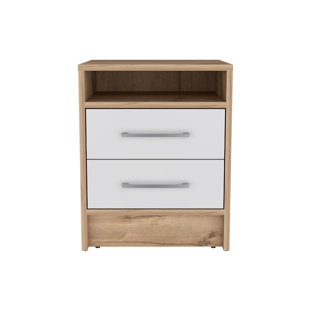 Nightstand Cartiz, Two Drawers, White / Light Oak Finish