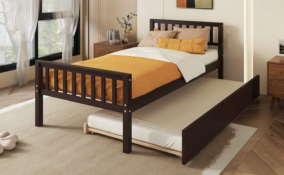 Twin Bed with Trundle, Platform Bed Frame with Headboard and Footboard, for Bedroom Small Living Space,No Box Spring Needed,Espresso(Old SKU:W50440557)