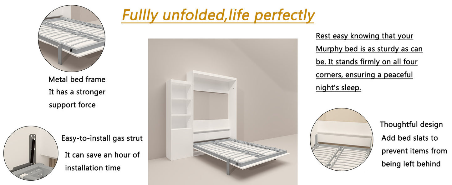 Queen  Size Morden Deisgn Big Size Vertical Murphy Bed with table and shelf  for Bedroom or Guestroom White Wall Bed Space Saving Hidden Bed with New Style Gas Struts