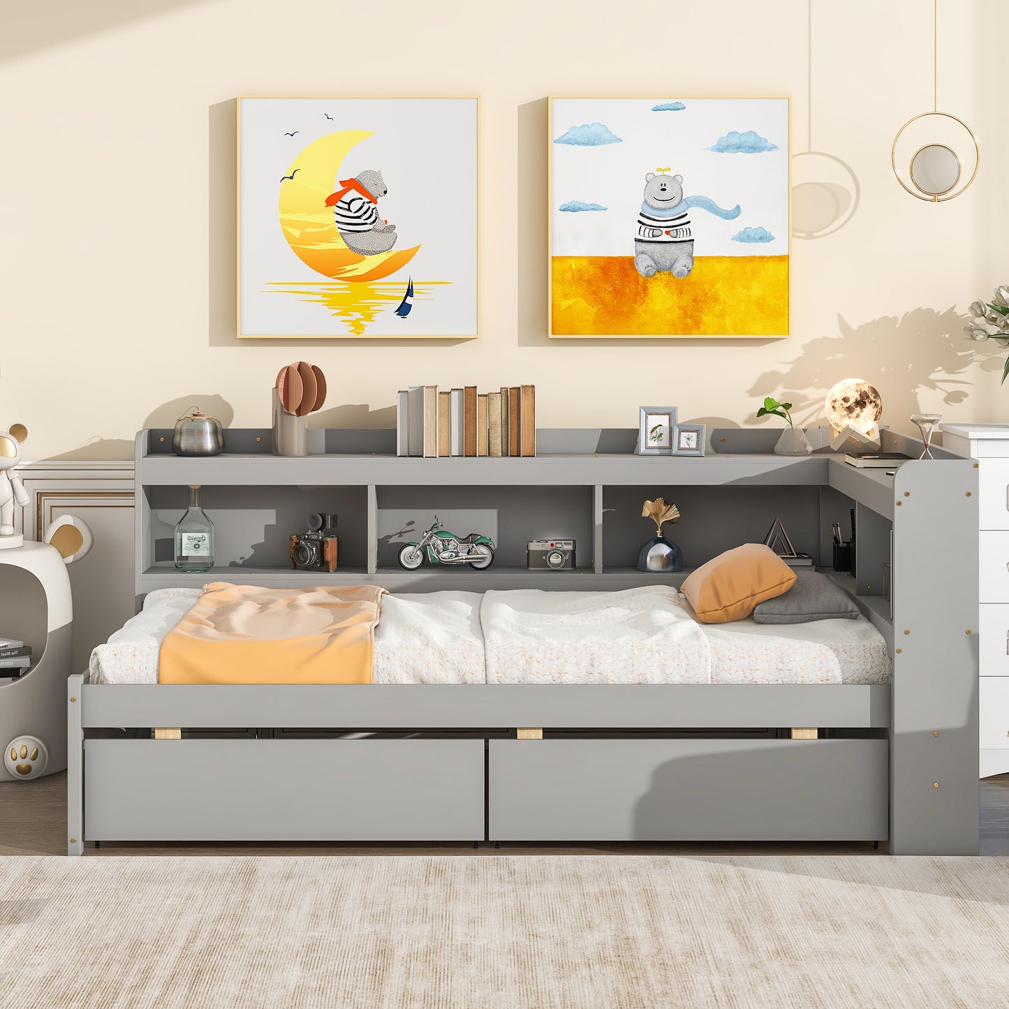 Twin Bed with L-shaped Bookcases,Drawers,Grey