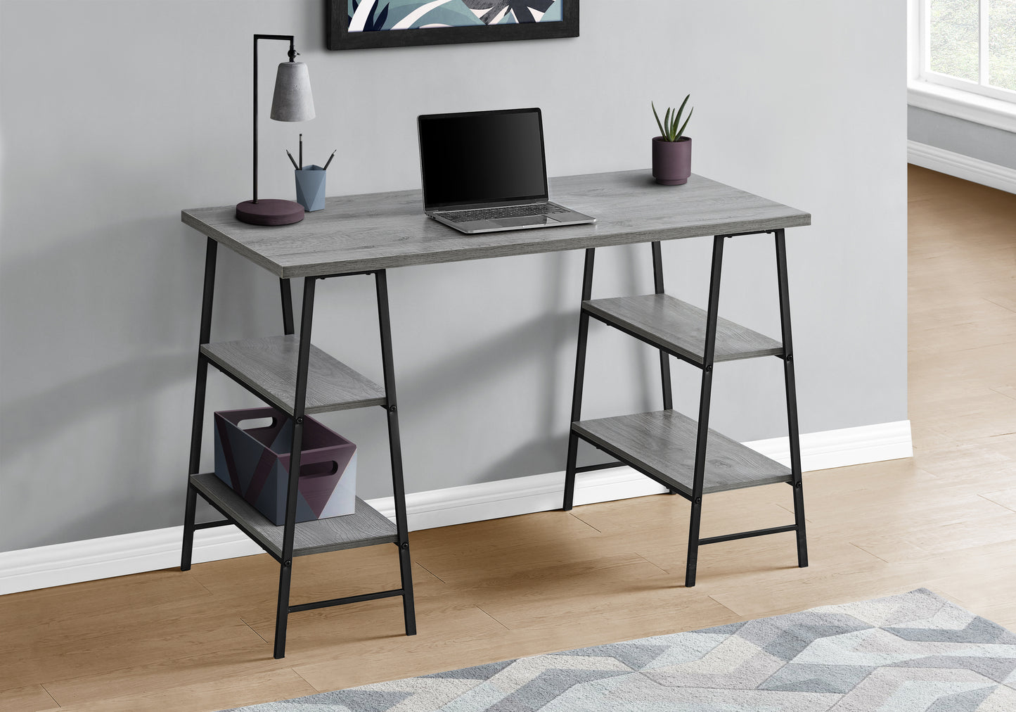 Computer Desk, Home Office, Laptop, Storage Shelves, 48"l, Work, Grey Laminate, Black Metal, Contemporary, Modern