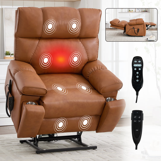 Orange Leatheraire Heat Massage Dual Motor Infinite Position Up to 350 LBS Large Electric Power Lift Recliners with Hidden Cup Holders, Power-Remote, Medium-firm and Heavy Duty