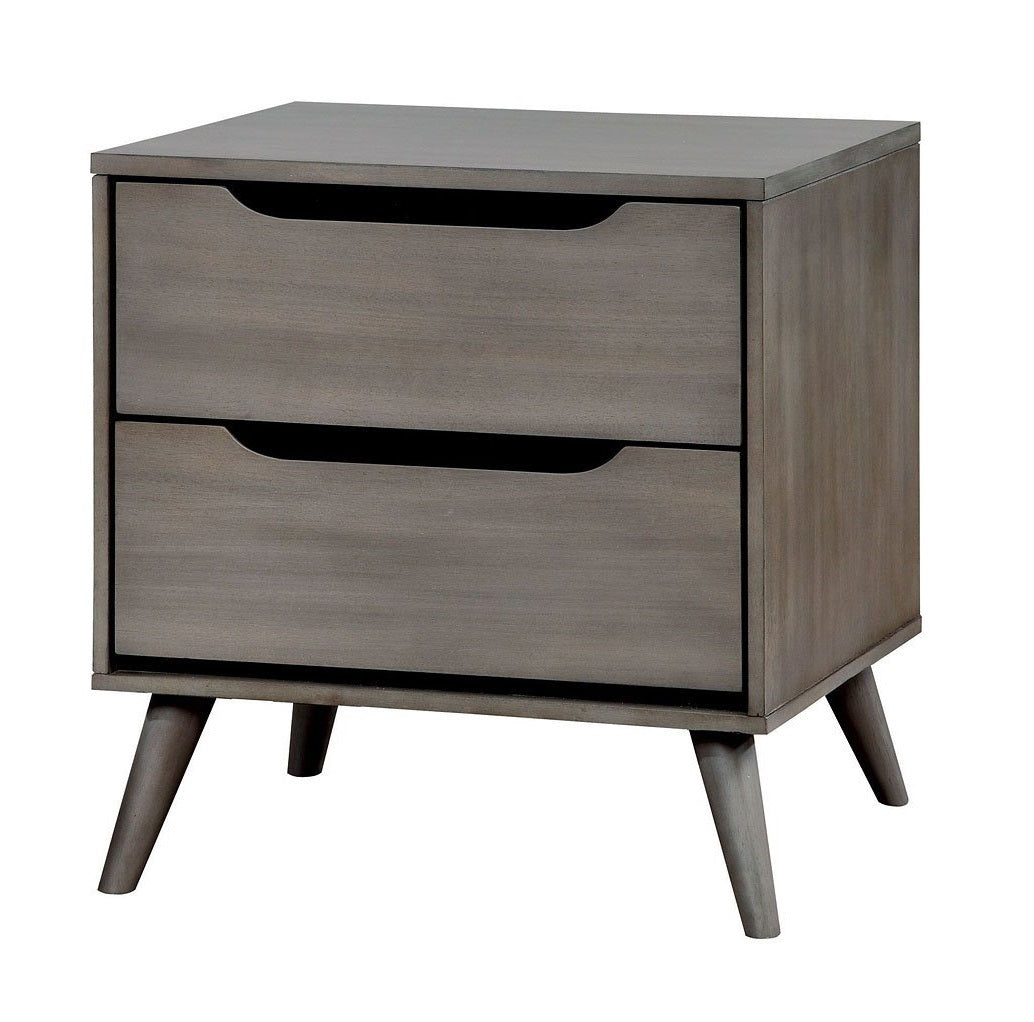 Mid-Century Modern Gray Color 1pc Nightstand Bedroom Furniture Solid wood Round Tapered Legs 2-Drawers Bedside Table