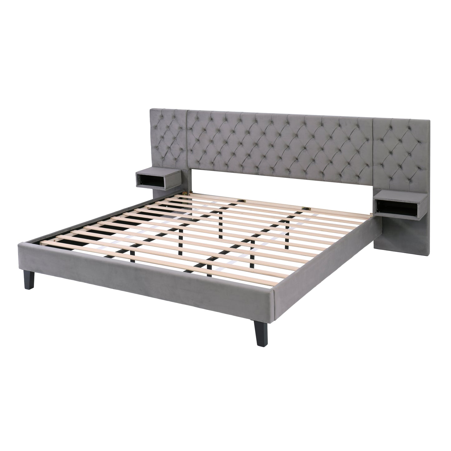 King Size Platform Bed with Headboard, Modern Velvet Upholstered Platform Bed with 2 Nightstands, with diamond tufted, Grey