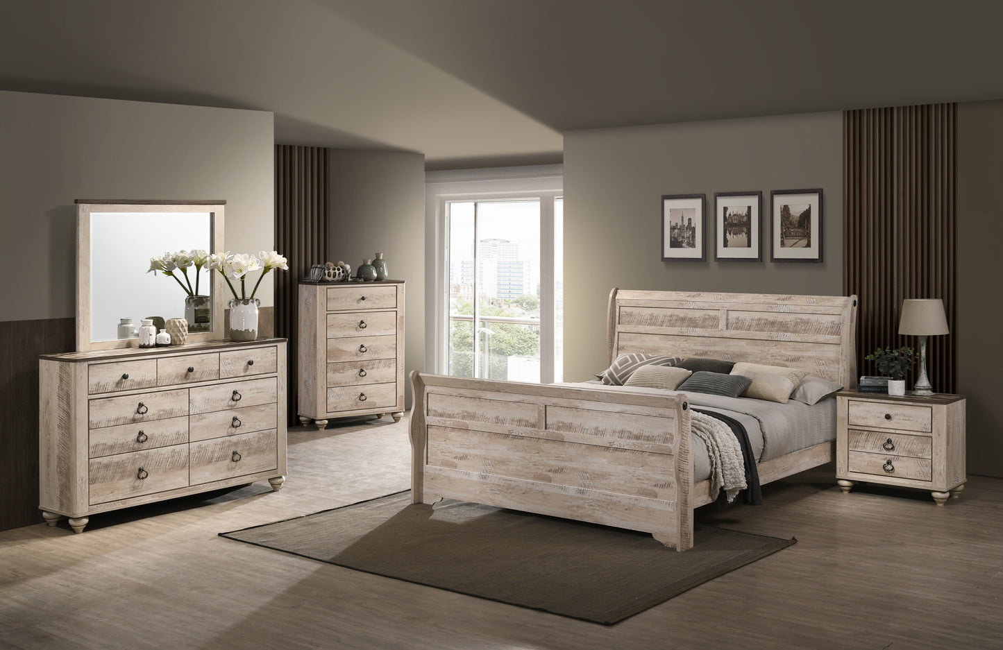 Imerland Contemporary White Wash Finish Bedroom Set with King Sleigh Bed, Dresser, Mirror, Nightstand, Chest