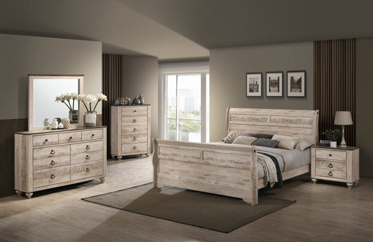 Imerland Contemporary White Wash Finish Bedroom Set with King Sleigh Bed, Dresser, Mirror, Nightstand, Chest