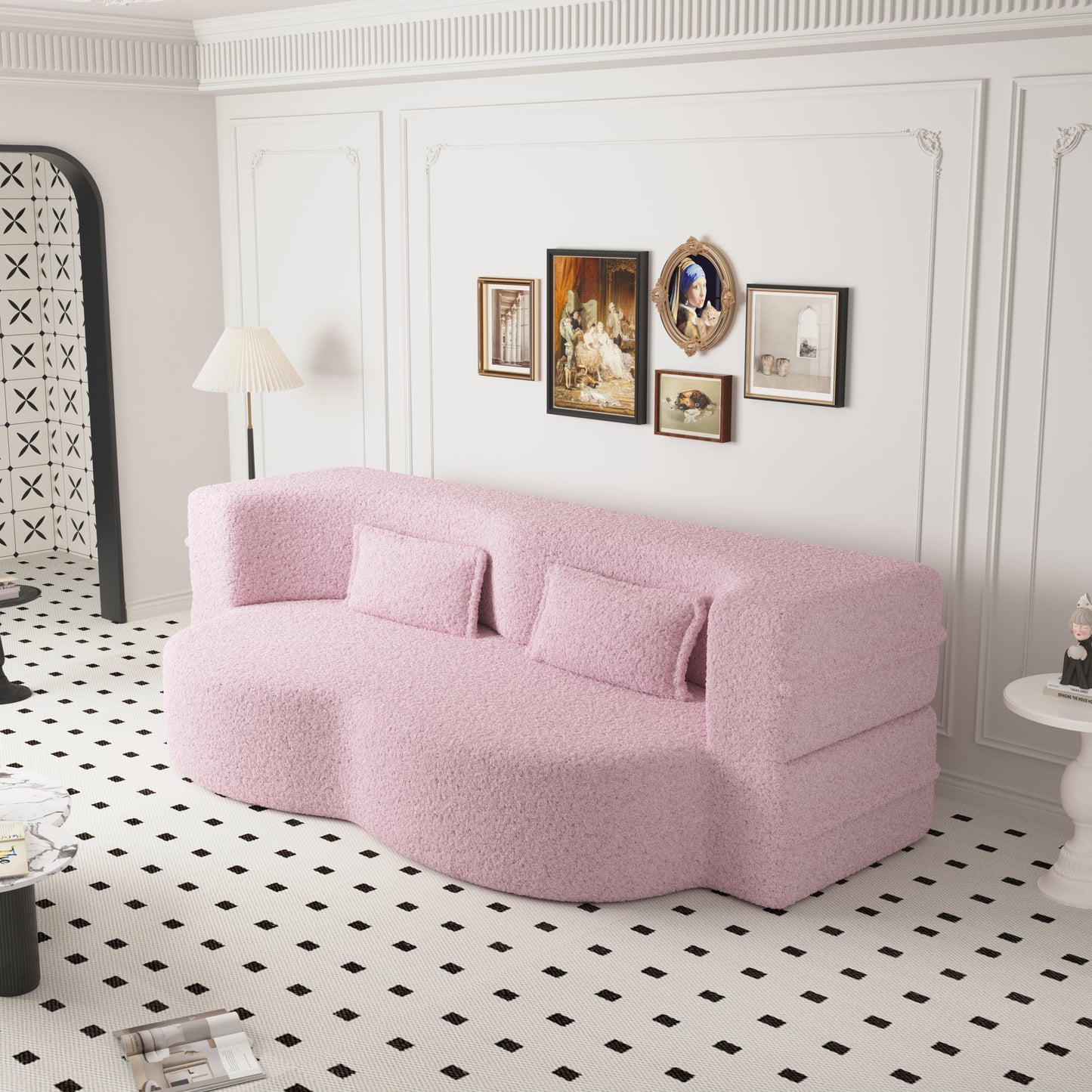 Modern Floor Sofa with 2 Pillows,Convertible Teddy Fabric Foam-Filled Sleeper Sofa Bed,15" Full Size Folding Mattress for Living Room,Guest Bed,Playroom,no assembly required,Pink(Old Sku:W1885P190391