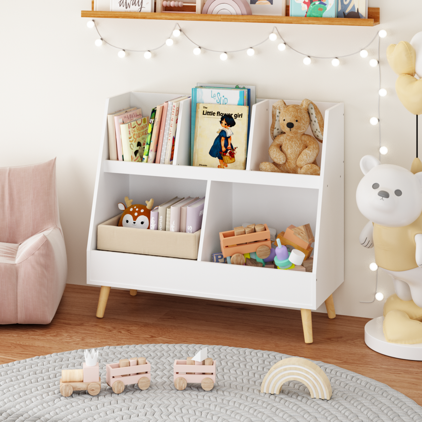 Kids Bookshelf and Toy Organizer, 5 Cubbies Wooden Open Bookcase, 2-Tier Baby Storage Display Organizer with Legs, Free Standing for Playing Room, Bedroom, Nursery, Classroom, White