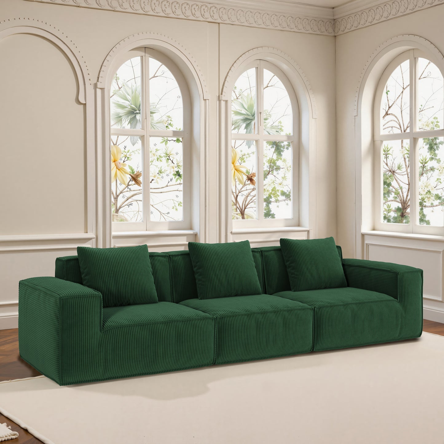 118-inch modular sofa can be converted into an oversized sofa bed  Free conversion sofa set flexible configuration, soft corduroy cloud velvet fabric Three-person combination green