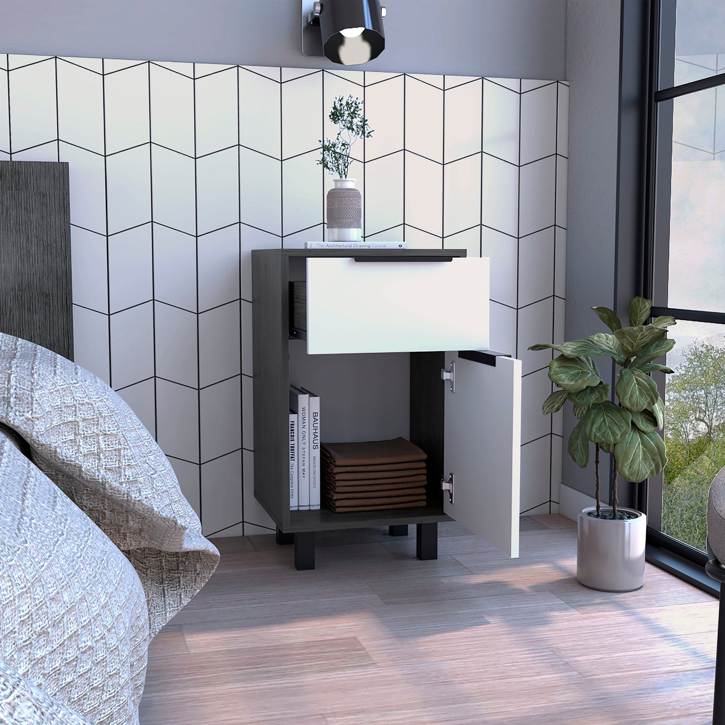 Kaia Z Nightstand , End Table, Side Table One Drawer, One Cabinet,  Four Legs, Superior Top -Smokey Oak / White