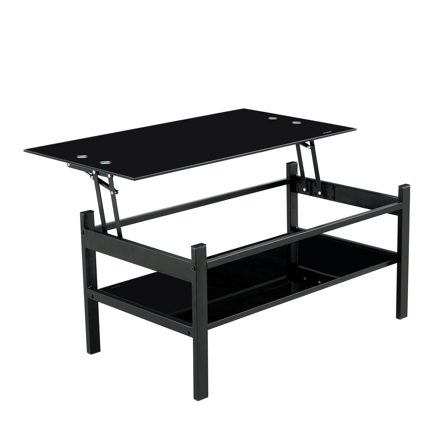 Modern Simple Lift Top Coffee Table with 2-Layer Tempered Glass in Black for Living Room