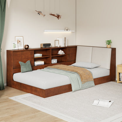 Wooden Twin Size L-shaped Daybed Floor Corner Bed with Storage Bookcase and Upholstered Headboard and USB Charging Ports for Limited Space, Walnut