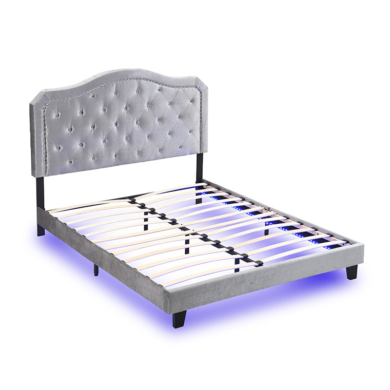 Upholstered Bed Button Tufted with Curve Design - Strong Wood Slat Support - Easy Assembly - Light Grey Velvet - With LED light-platform bed - Queen