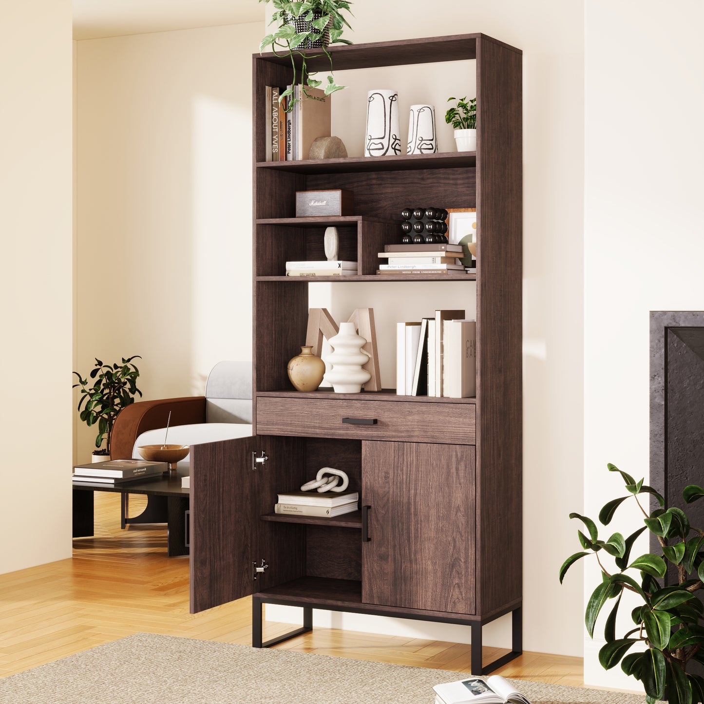 75.9"Modern Open Bookshelf with Doors, Bookcase with Storage drawer and LED Strip Lights,Free Standing Display Rack,Wooden Tall Bookshelf for Living Room and Office, Walnut