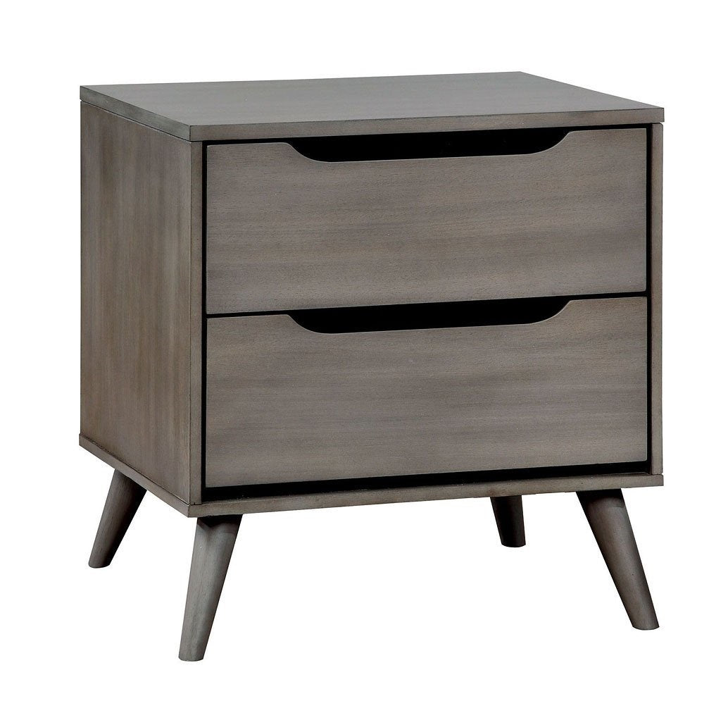 Mid-Century Modern Gray Color 1pc Nightstand Bedroom Furniture Solid wood Round Tapered Legs 2-Drawers Bedside Table