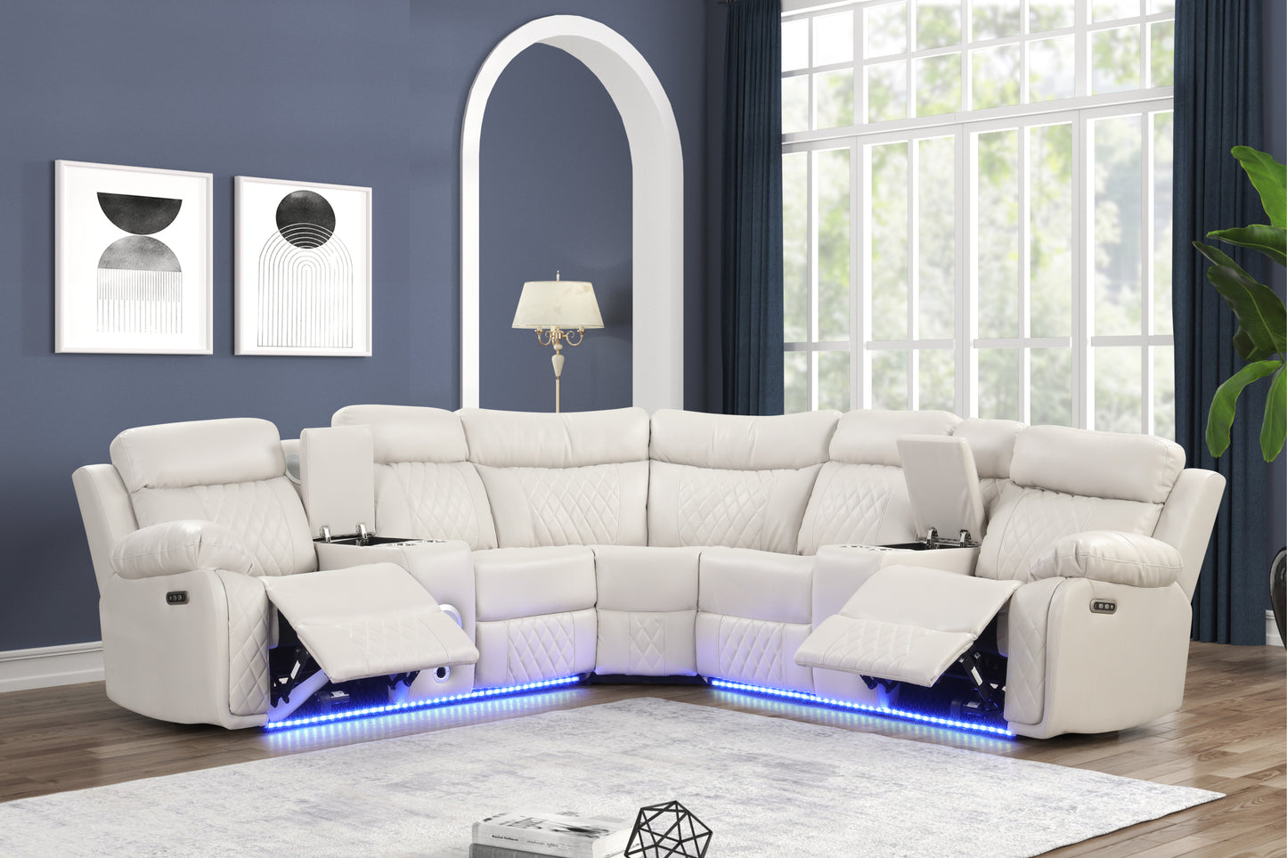 Lacrosse Modern Style power recliner sectional with Bluetooth speaker and LED made with wood & metal in Beige(NJ INVENTORY)