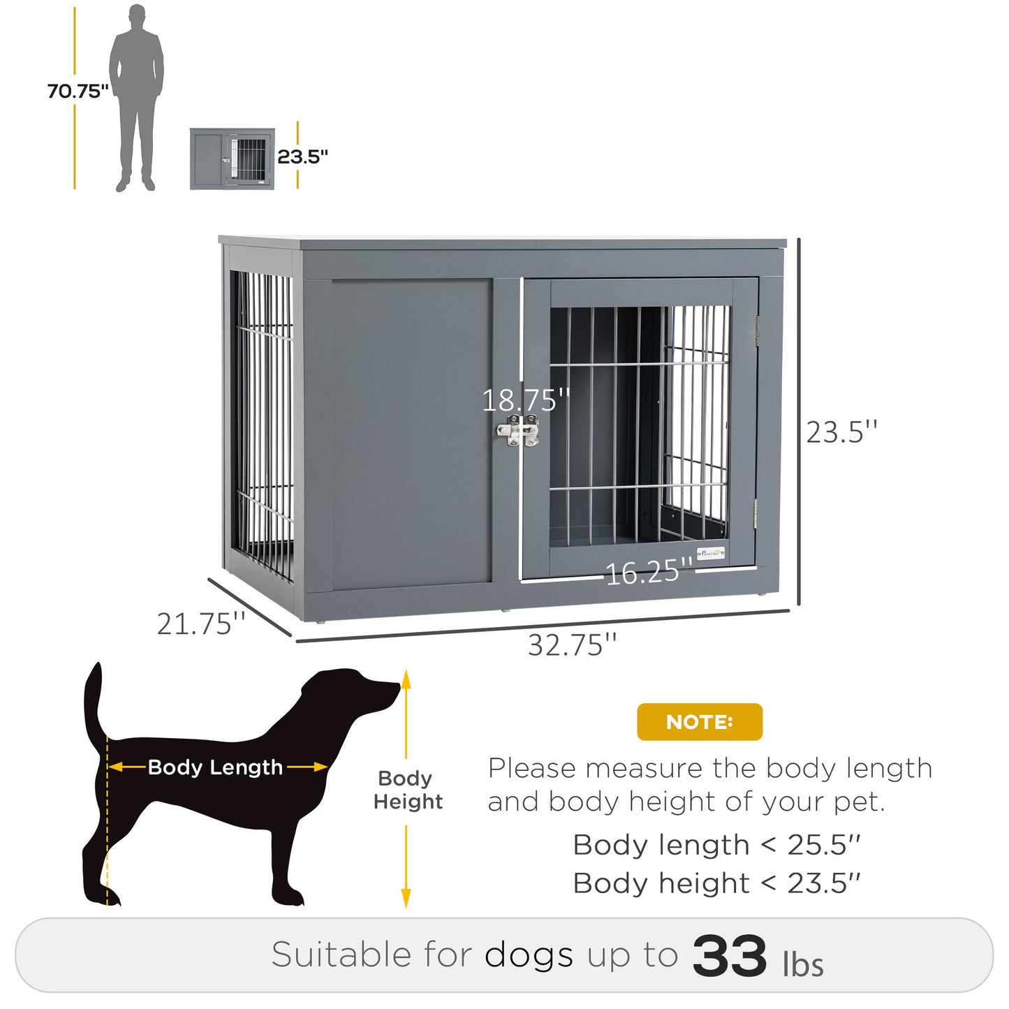 PawHut Dog Crate Furniture Wire Indoor Pet Kennel Cage, End Table with Double Doors, Locks for Small and Medium Dog House, Grey