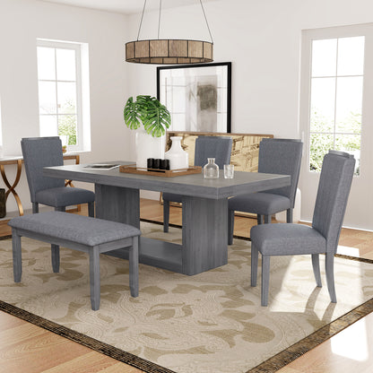 TOPMAX Contemporary 6-Piece 78inch Extendable Pedestal Dining Table Set with 18inch Removable Leaf and Dining Bench, 4 Upholstered Dining Chairs, Gray