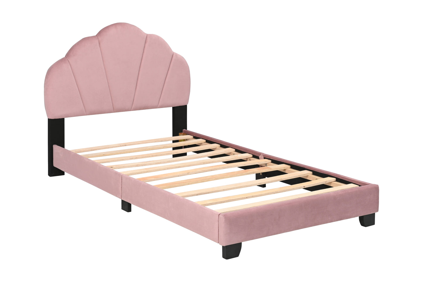 Upholstered Twin Size Platform Bed for Kids, Wooden Bed Frame with Slatted Bed Base, No Box Spring Needed, Cute Bed Frame with Shell Design Headboard for Girls Boys Teens, Pink