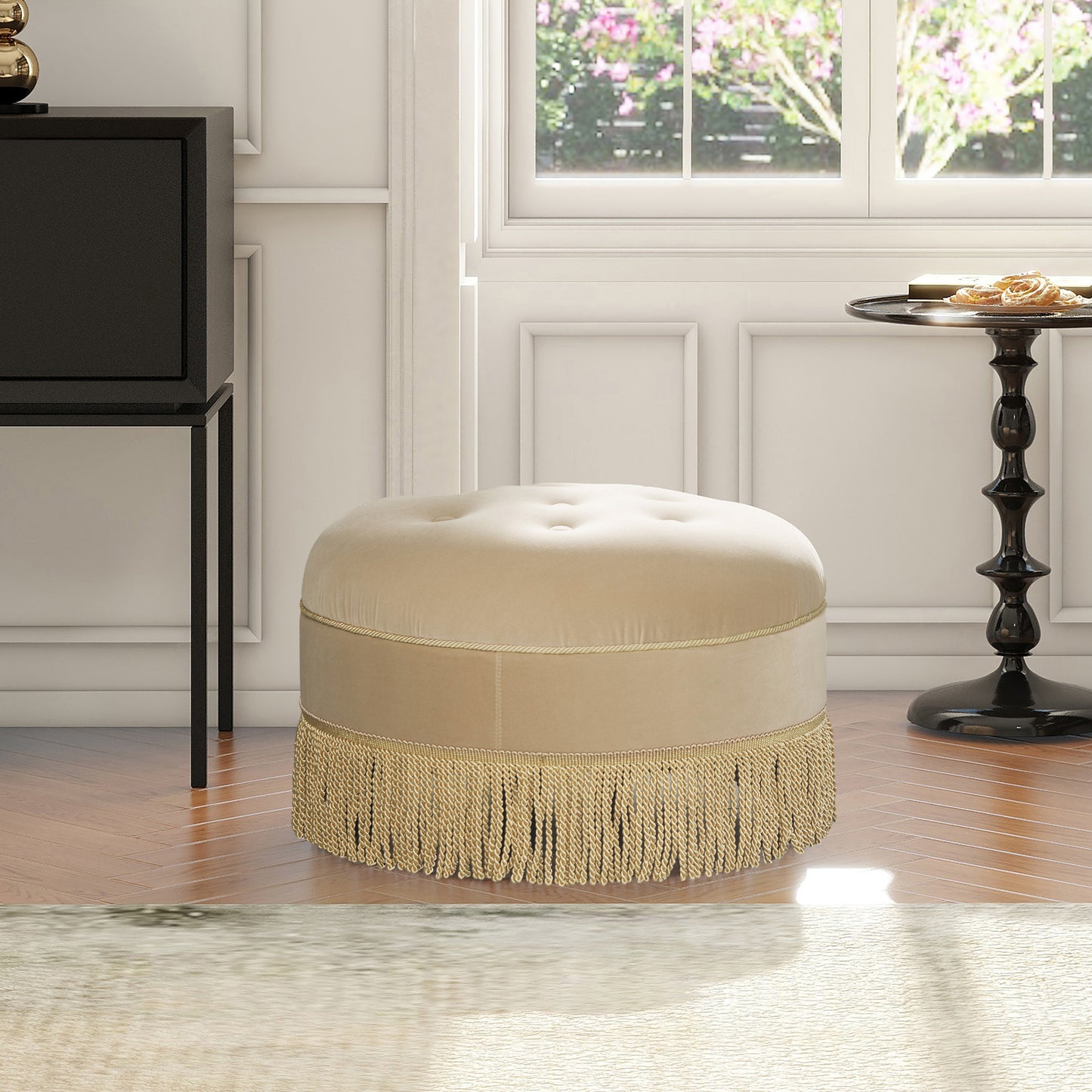 Yolanda 24' Round Upholstered Accent Ottoman, Fawn Brown Performance Velvet