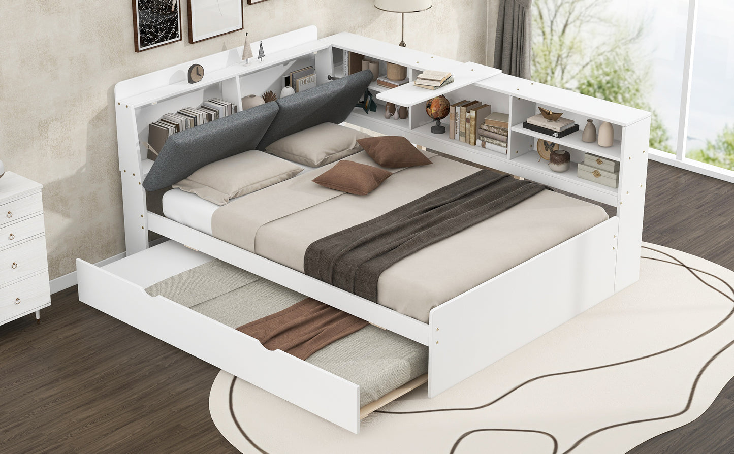 Wood Full Size platform bed with Trundle, Shelves and Storage Headboard, White