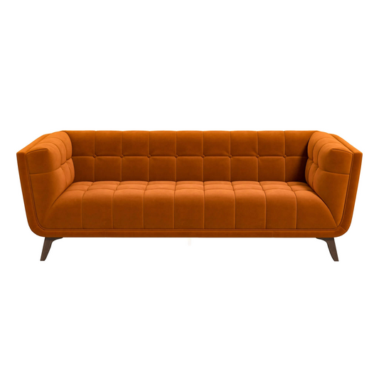 Addison Mid-Century Modern Velvet Sofa in Burnt-Orange with Solid Wood Frame 34'H x 86'W x 35.4'D