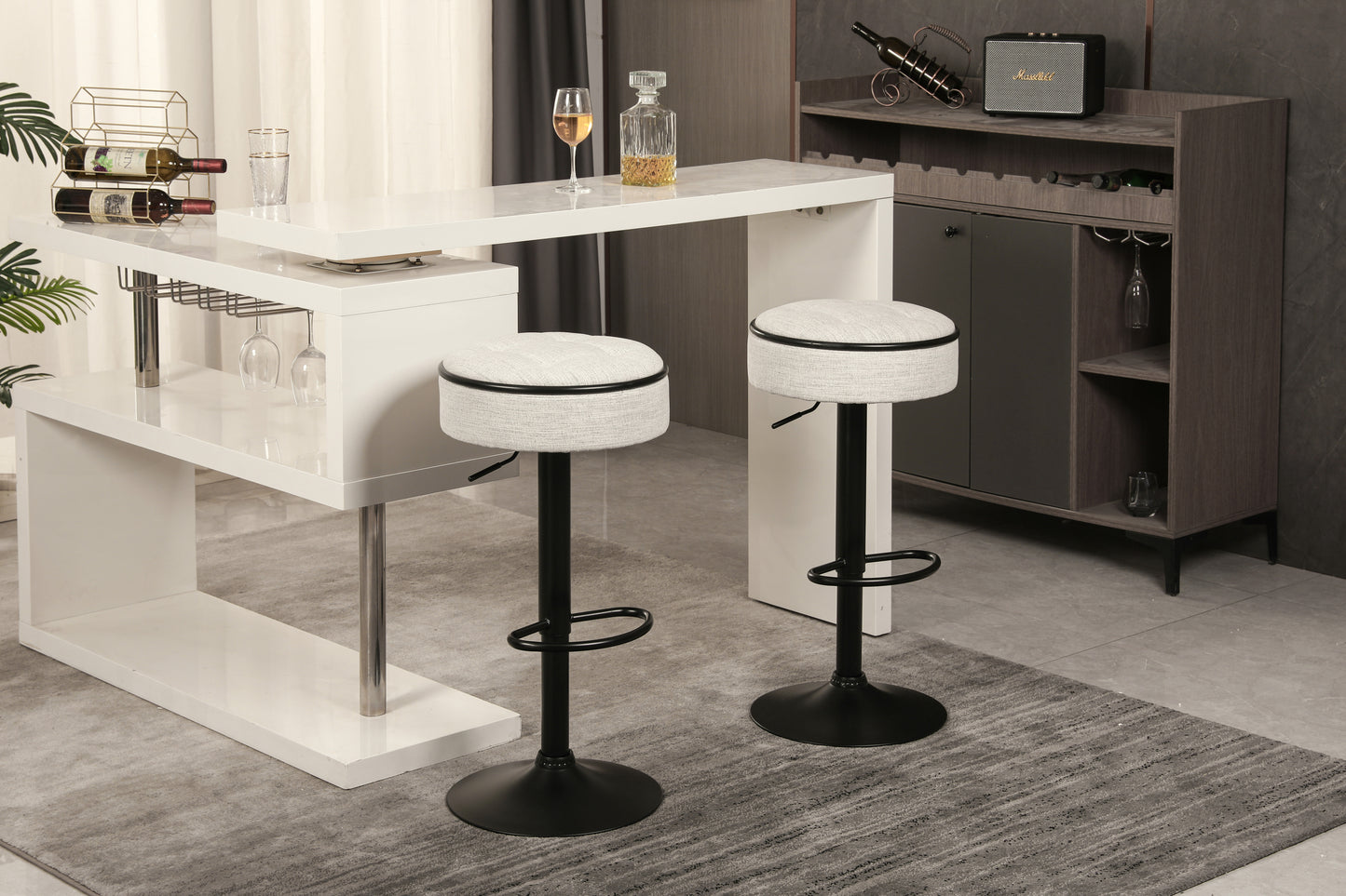 Round Storage Bar Stool Set of 2, Off White Linen Height Adjustable Barstool, 360°Counter Height Swivel Stool, Armless Bar Chair with Metal Frame for Kitchen Counter Dining Living Room