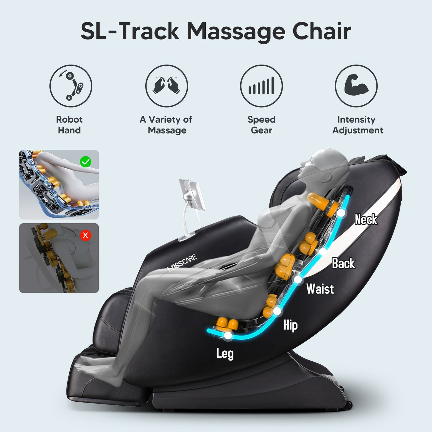 BOSSCARE Massage Full Body Chairs with AI Voice, App Control Zero Gravity Shiatsu Recliner Massage Chair Black