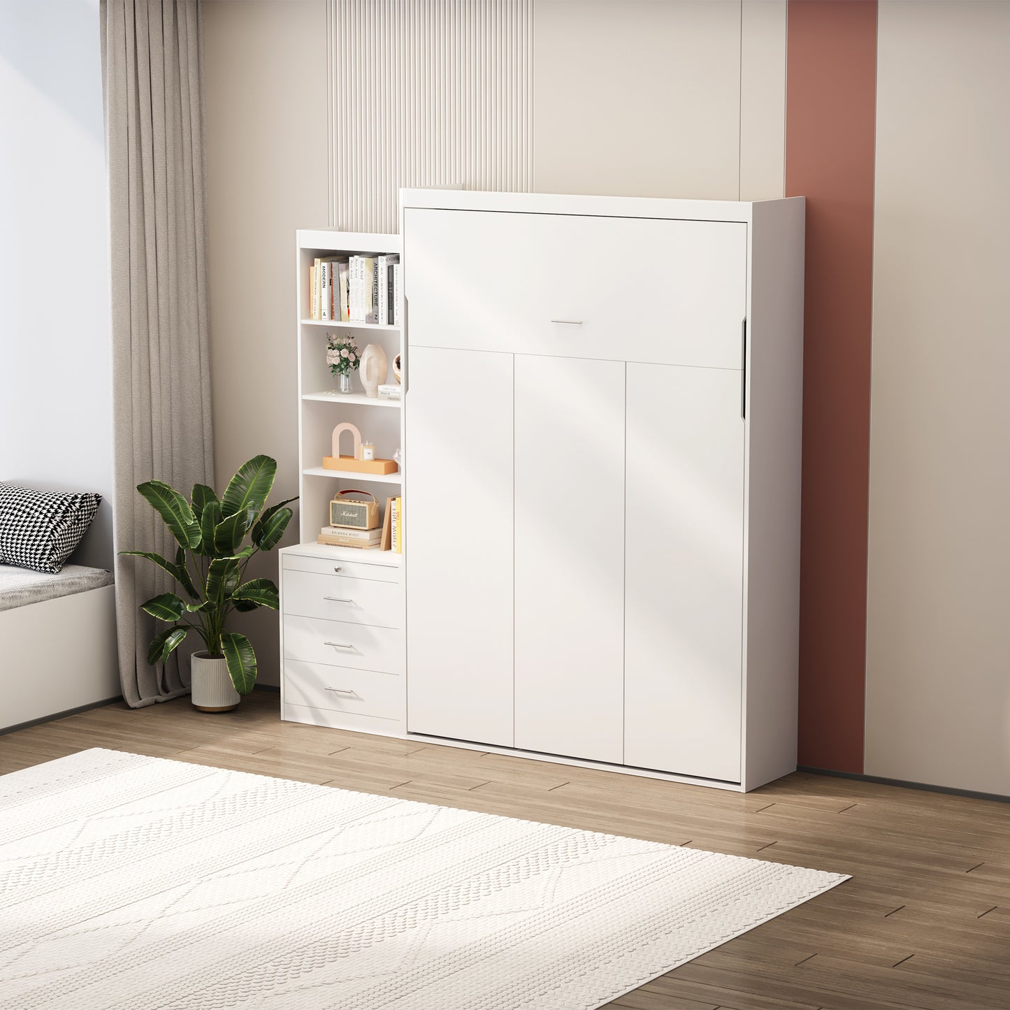 Full Size Vertical Murphy Bed with Shelf and Drawers for Bedroom or Guestroom White Wall Bed Space Saving Hidden Bed, updated Gas Strut design.