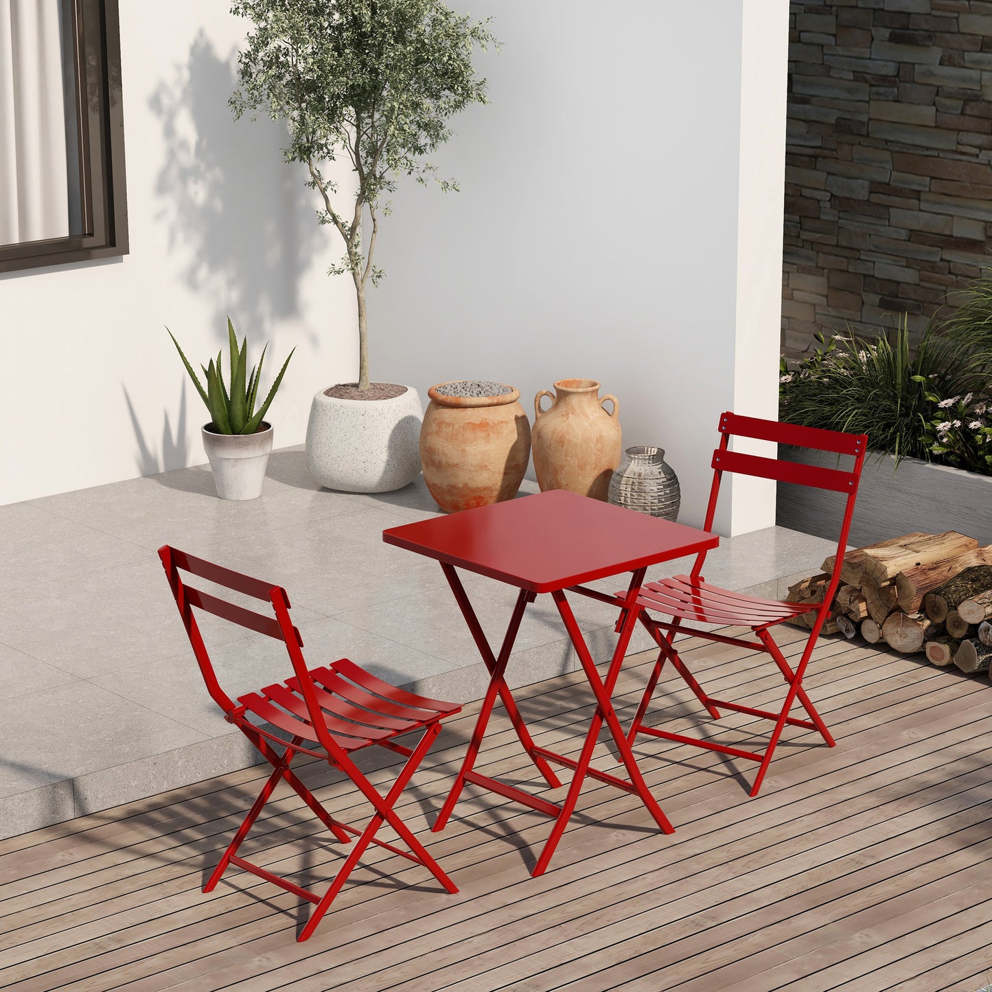 3 Piece Patio Bistro Set of Foldable Square Table and Chairs, Red