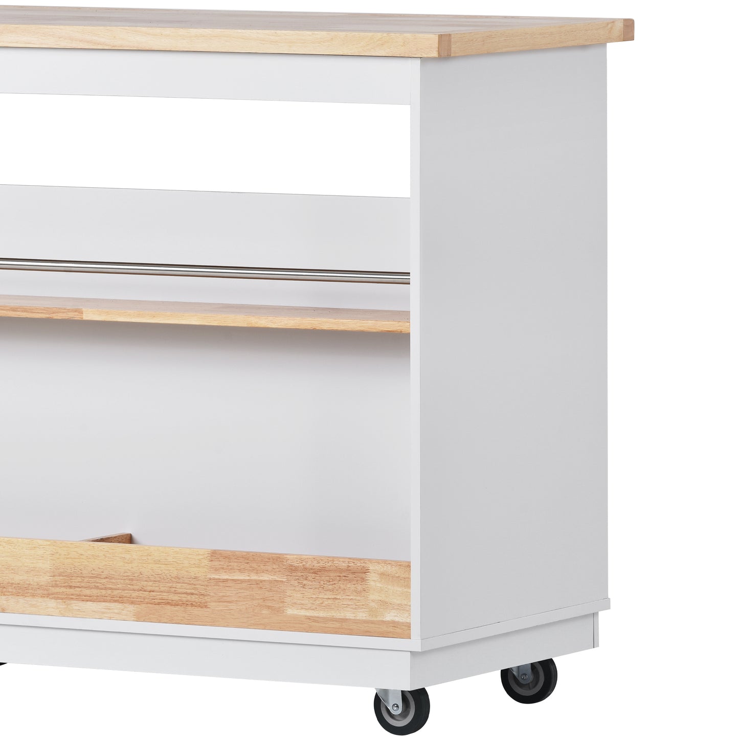 Rolling Kitchen Island with Storage, Two-sided Kitchen island Cart on Wheels with RubberWood Top,Wine and Spice Rack, Large Kitchen Cart with 2 Drawers, 3 Open Compartments, White