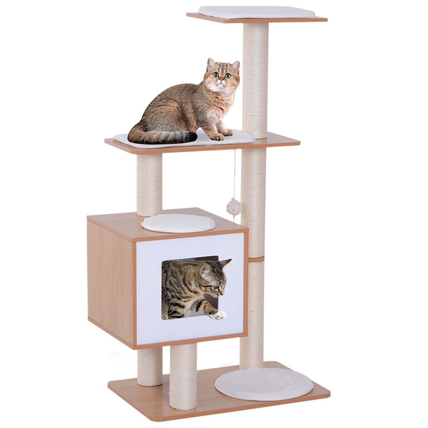 PawHut 47” Modern Cat Tree Multi-Level Scratching Post With Cube Cave Enclosure - Oak Wood and White