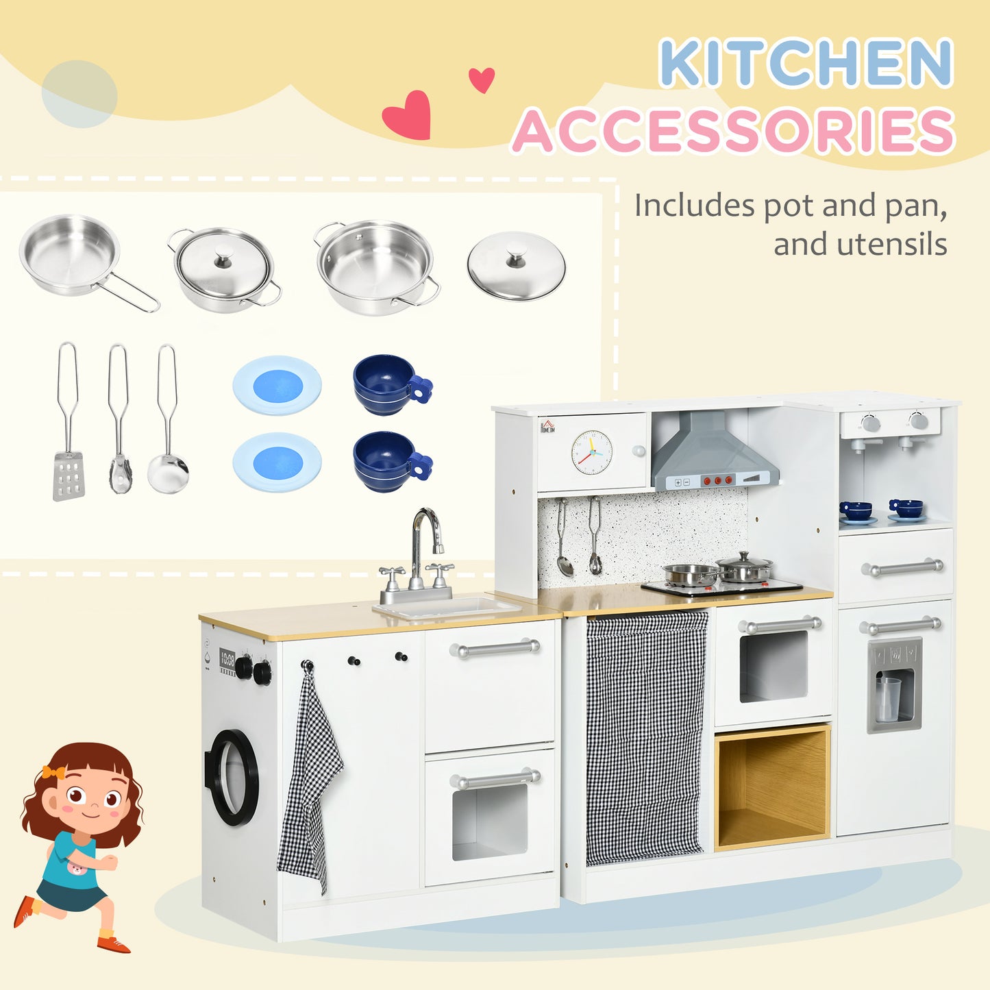 Qaba Kids Wooden Kitchen Playset with Sound Effects and Tons of Countertop Space, Wooden Corner Play Kitchen Set with Washing Machine, Imaginative Toy Pretend Restaurant, Ages 3-6, White