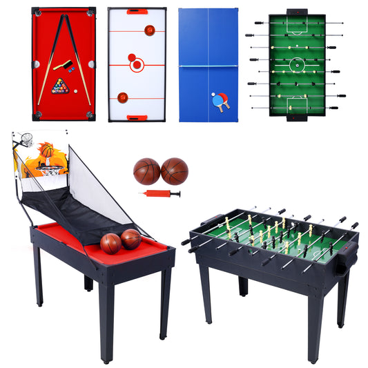 5-in-1 Multi-Game Table - Billiards, Push Hockey, Foosball, Ping Pong, and Basketball black/red