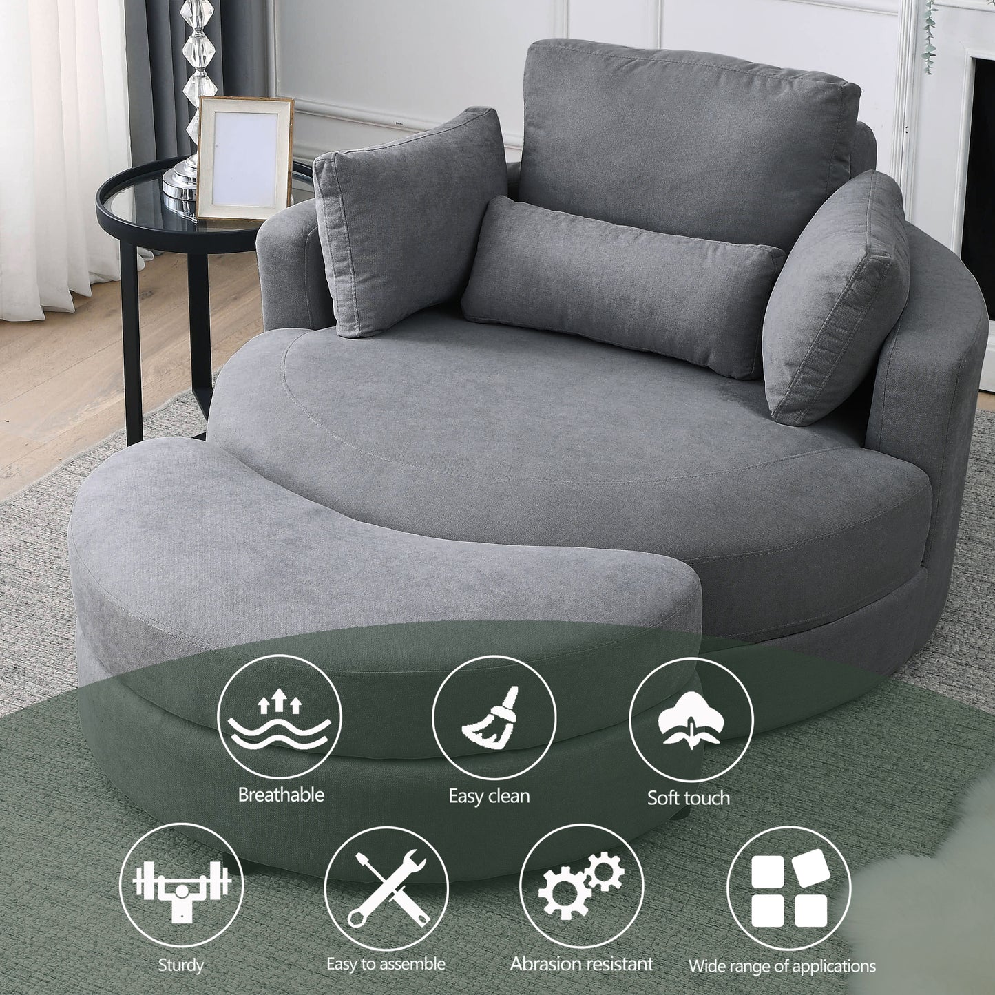 Welike Swivel Accent Barrel Modern Dark Grey Sofa Lounge Club Big Round Chair with Storage Ottoman Linen Fabric for Living Room Hotel with Pillows,2PCS.