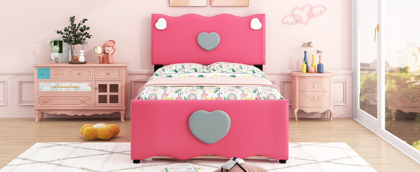 Twin Size Upholstered Platform Bed with Trundle and Heart Shaped Decoration, Dark Pink