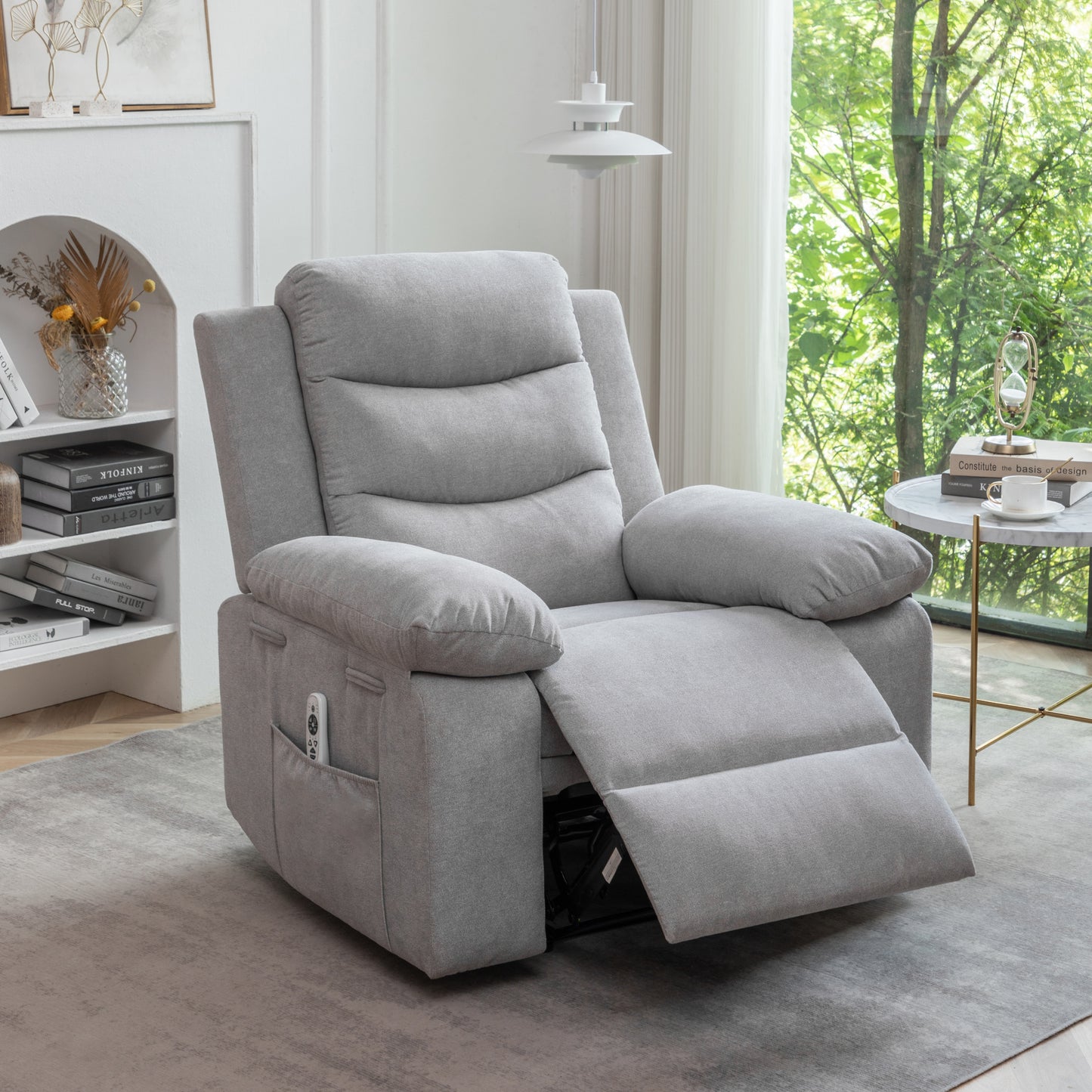 Power Recliner Chair with Adjustable Massage Function, Velvet Electric Power Chair for Elderly with One Side Pockets, Recliner Chair with Heating System for Living Room,Light Gray