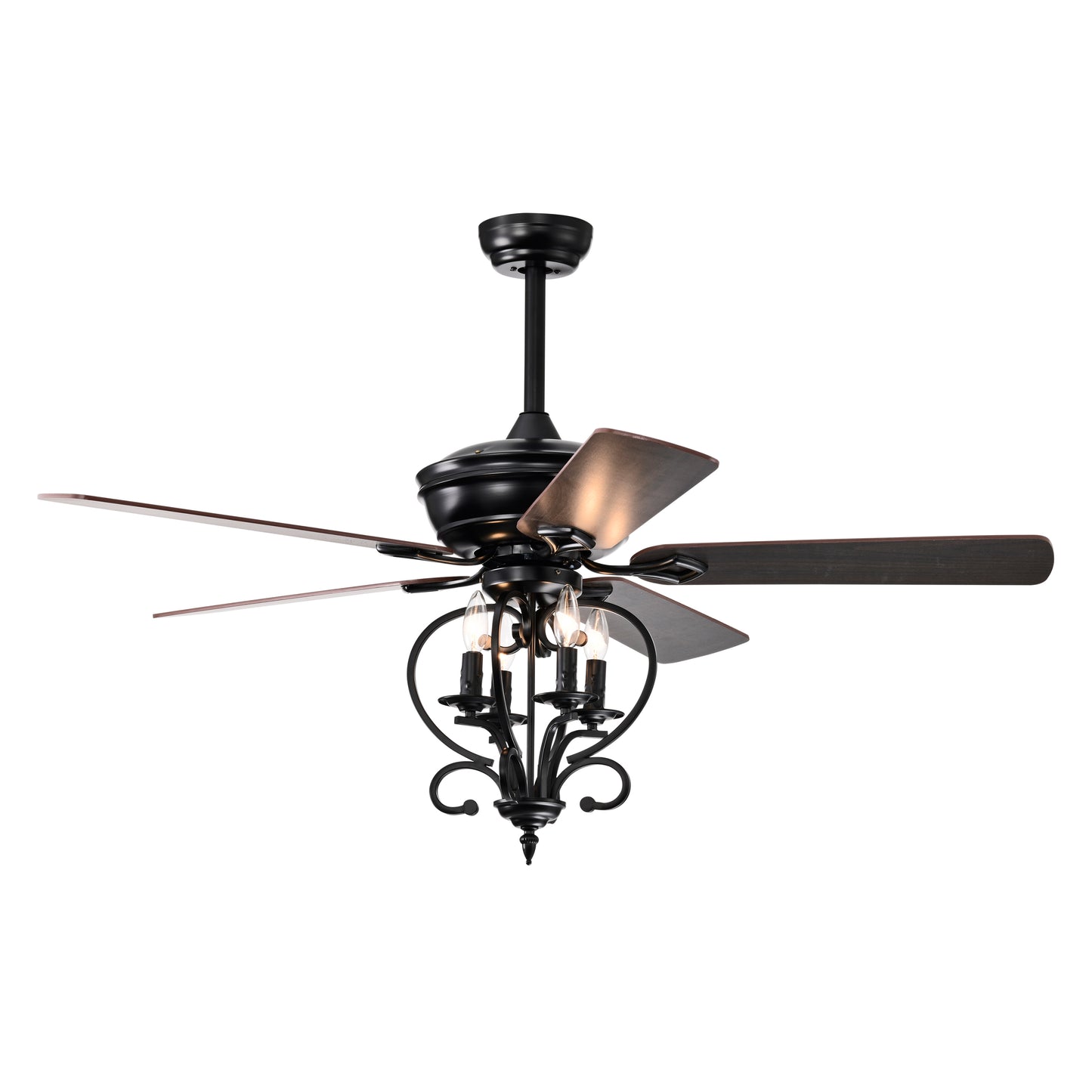 52 inch 4 Lights Ceiling Fan with 5 Wood Blades, Two-color fan blade, AC Motor, Remote Control, Reversible Airflow, 3-Speed, Adjustable Height, Traditional Ceiling Fan for home decorate (Matte Black)