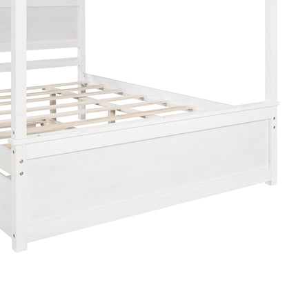 Wood Canopy Bed with Trundle Bed ,Full Size Canopy Platform bed With  Support Slats .No Box Spring Needed, Brushed White