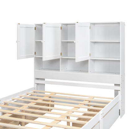 Queen Size Platform Bed with Storage Headboard and 4 Drawers, White