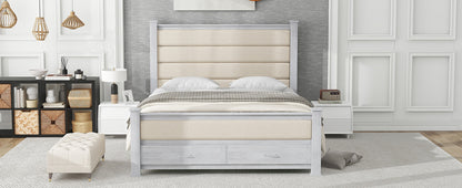 Queen Size Wood Frame Platform Bed with Upholstered Headboard, Footboard and 2 Drawers, Antique White