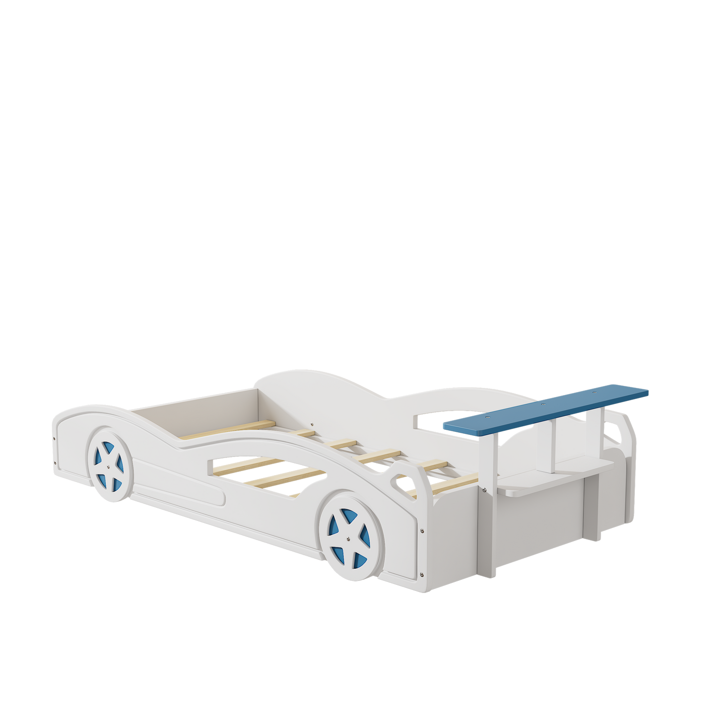 Wooden Race Car Bed,Car-Shaped Platform Twin Bed with Wheels For Teens,White & Blue