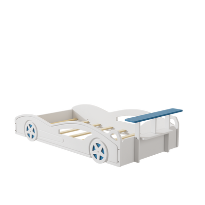 Wooden Race Car Bed,Car-Shaped Platform Twin Bed with Wheels For Teens,White & Blue