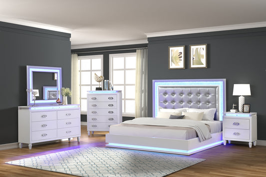 King 5 Pc LED Bedroom Set Made with Wood in Milky White